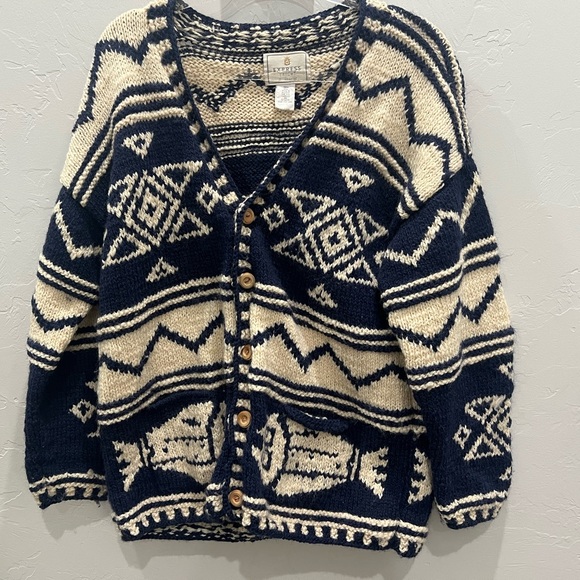 VTG Vintage Navy Tricot Express 100% Wool Hand Knitted Cardigan Sweater - Picture 2 of 7